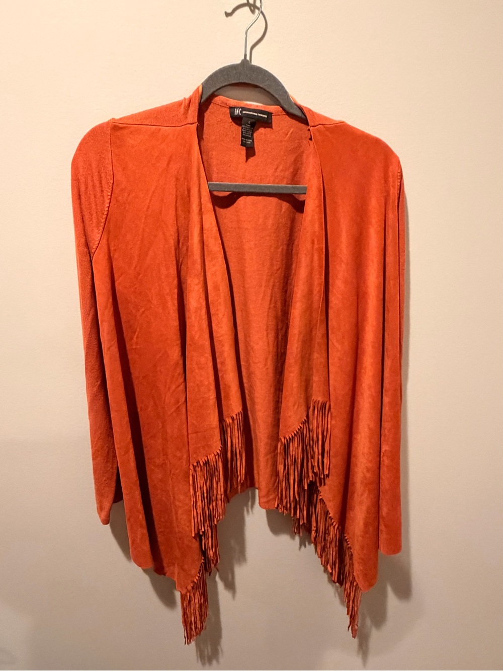 INC Rust Orange Faux Suede Fringe Waterfall Cardigan Large Boho Western